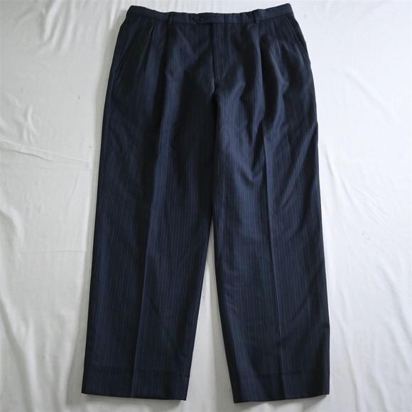 Hart Schaffner Marx‎ 36x30 Navy Stripe Gold Trumpeter Wool Pleated Dress Pants - Picture 1 of 9
